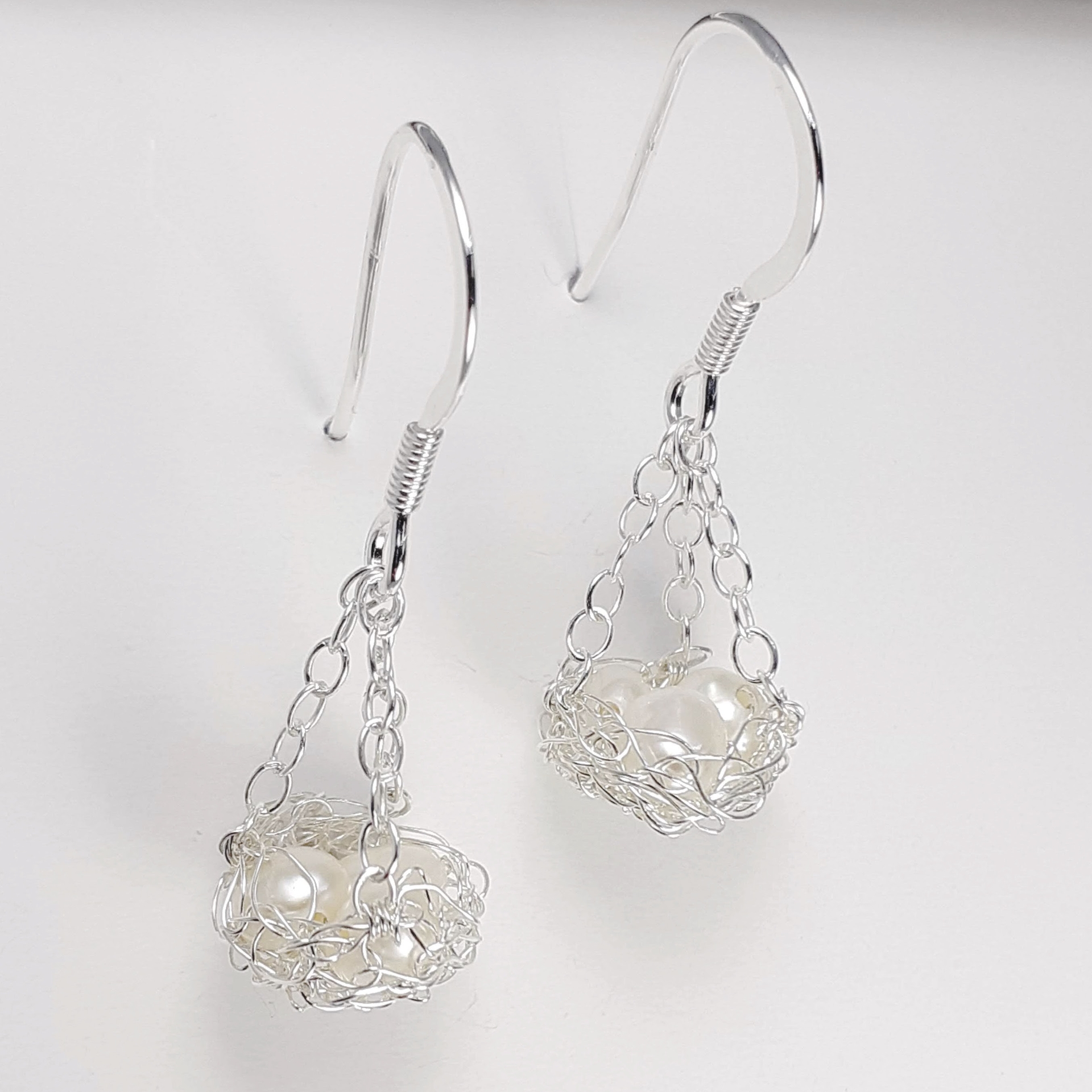 Easter nest crocheted silver earrings